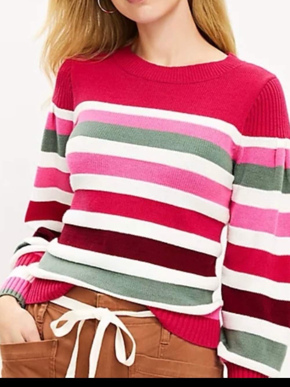 LOFT Striped Knit Sweater XL Pink Green Ribbed Puff Sleeve Cotton Blend